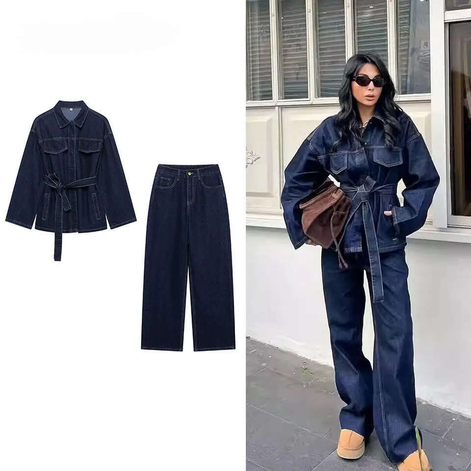 Women Fashion Pieces With Belt Denim Jackets Vintage Front Zipper Jeans Trousers Feamle Chic Lady Pants Sets MAKOUFEI