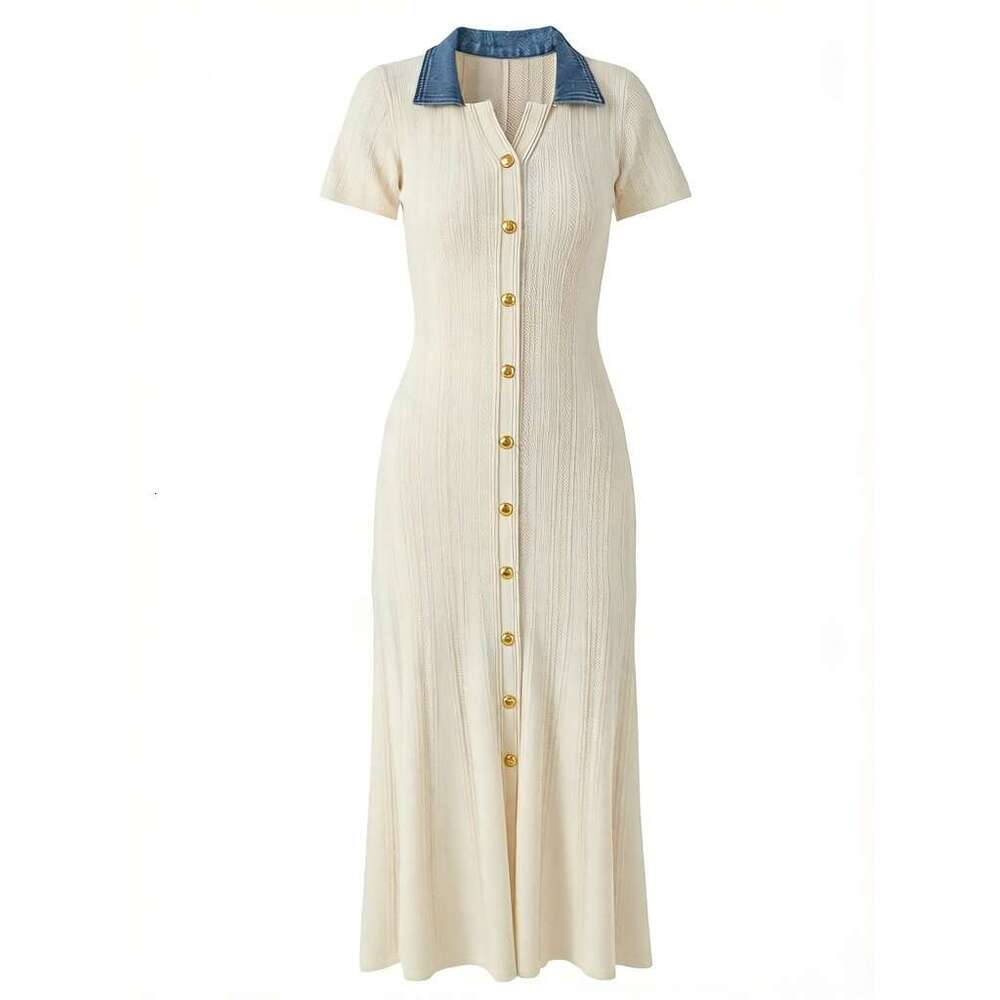 2026 new color blocked knitted mini V-neck women's short sleeved single breasted waist cinching elegant Middle Eastern dress