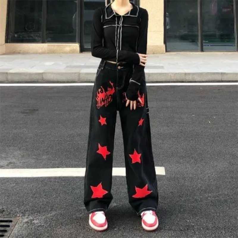 Hip Hop Vintage Women Black Red Jeans Streetwear Fashion Pants Star Painted High Waist Wide Leg Straight Casual Loose TrousersT260310