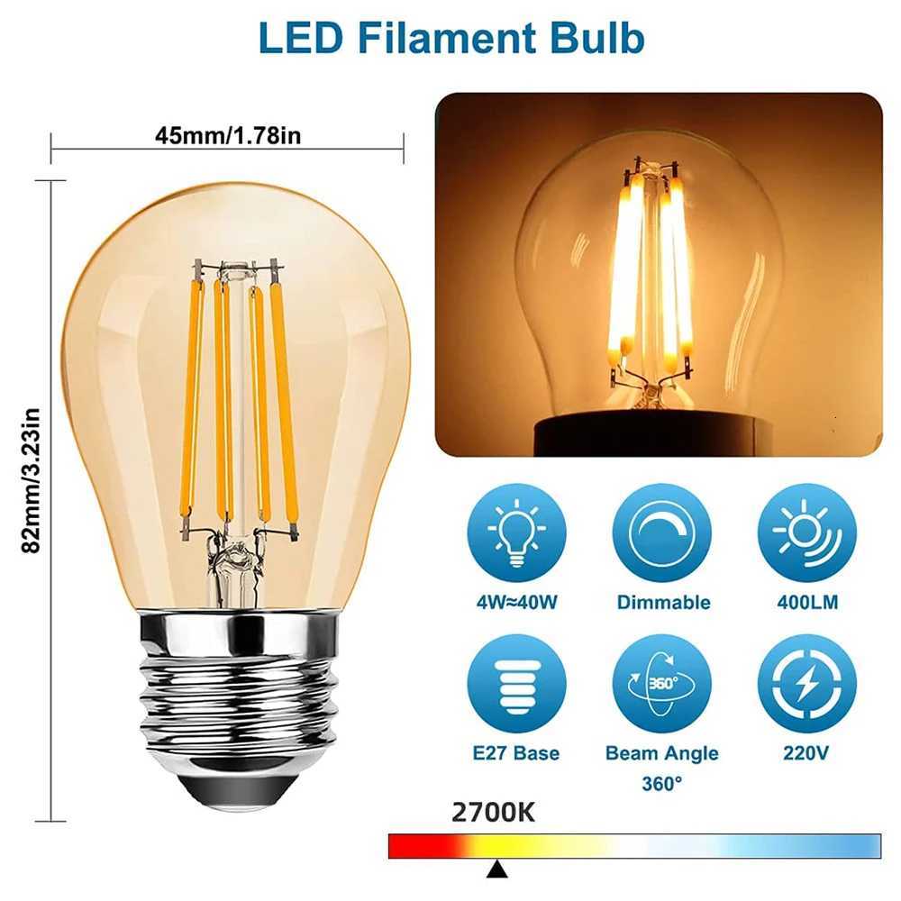 G45G 4W Dimmable LED Globe Light Bulb Mini Amber Glass Edison E27 2700K Vintage Led Filament Bulb For Chandelier String Lighting H260310