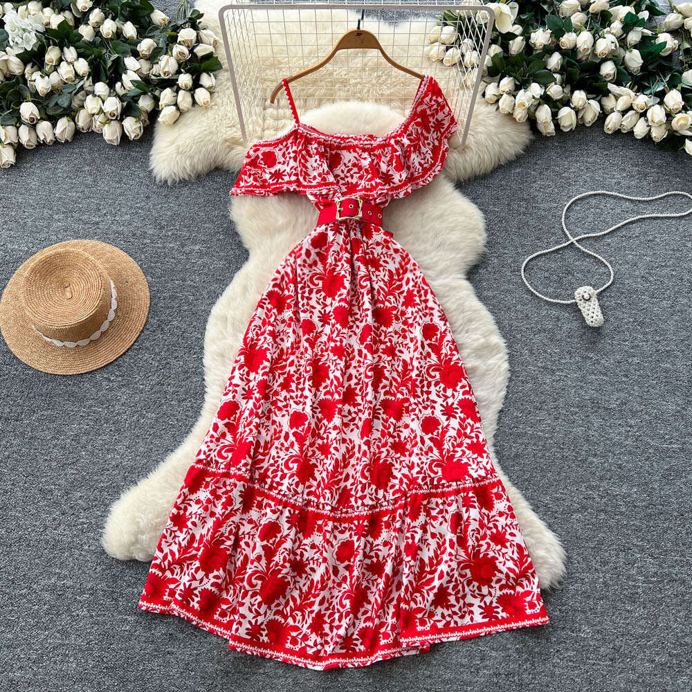 Designer French Exquisite Design Single Shoulder Strap Ruffle Tie Printed Women's Dress Elegant and Fashionable