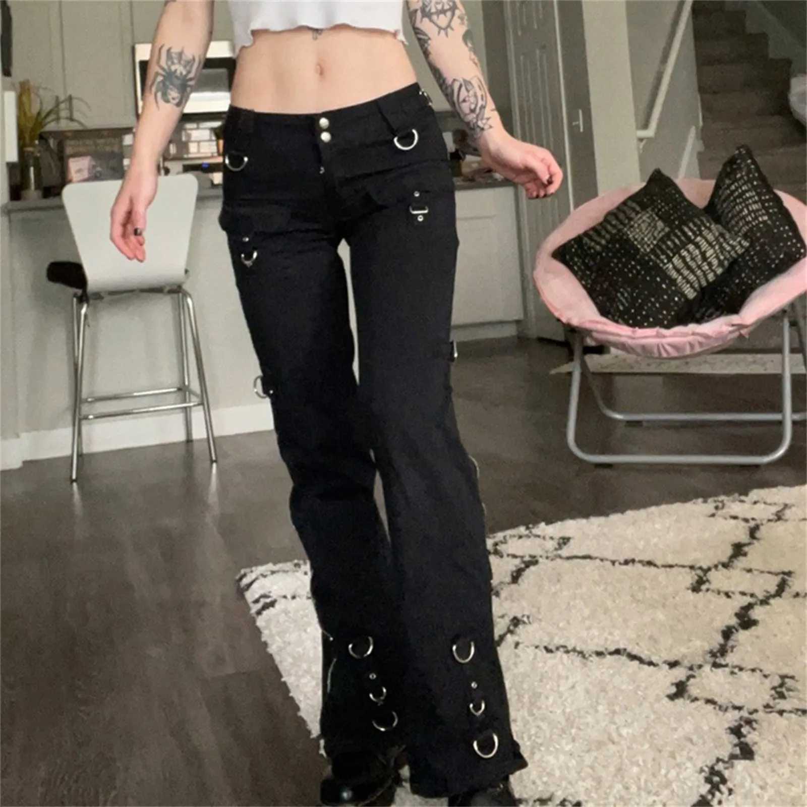 Retro Straight Women Jeans Aesthetic Dark Goth Pants Academia Vintage Y2k Style Streetwear Punk Straight Casual Denim Trousers M260310