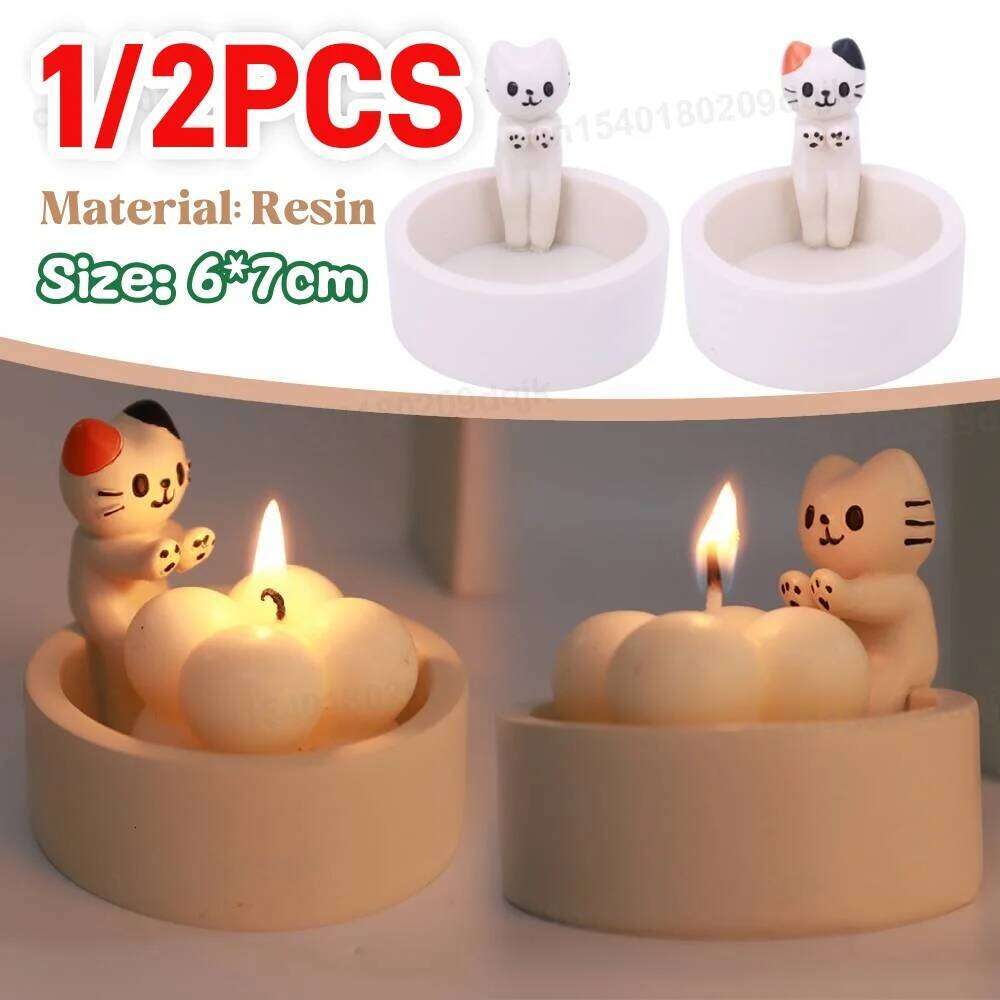 1-2PCS Cute Kitten Resin Cat Creative Aromatherapy Candle Holder Cartoon Candlestick Decoration H260310