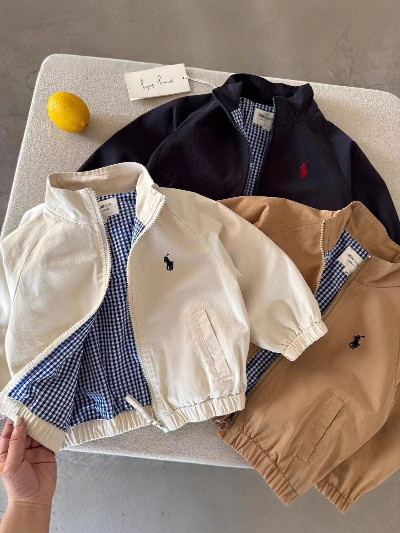 New free shipping designer jackets for kids jackets beige khaki navy blue Fashionable and versatile outdoor casual embroidered jacket