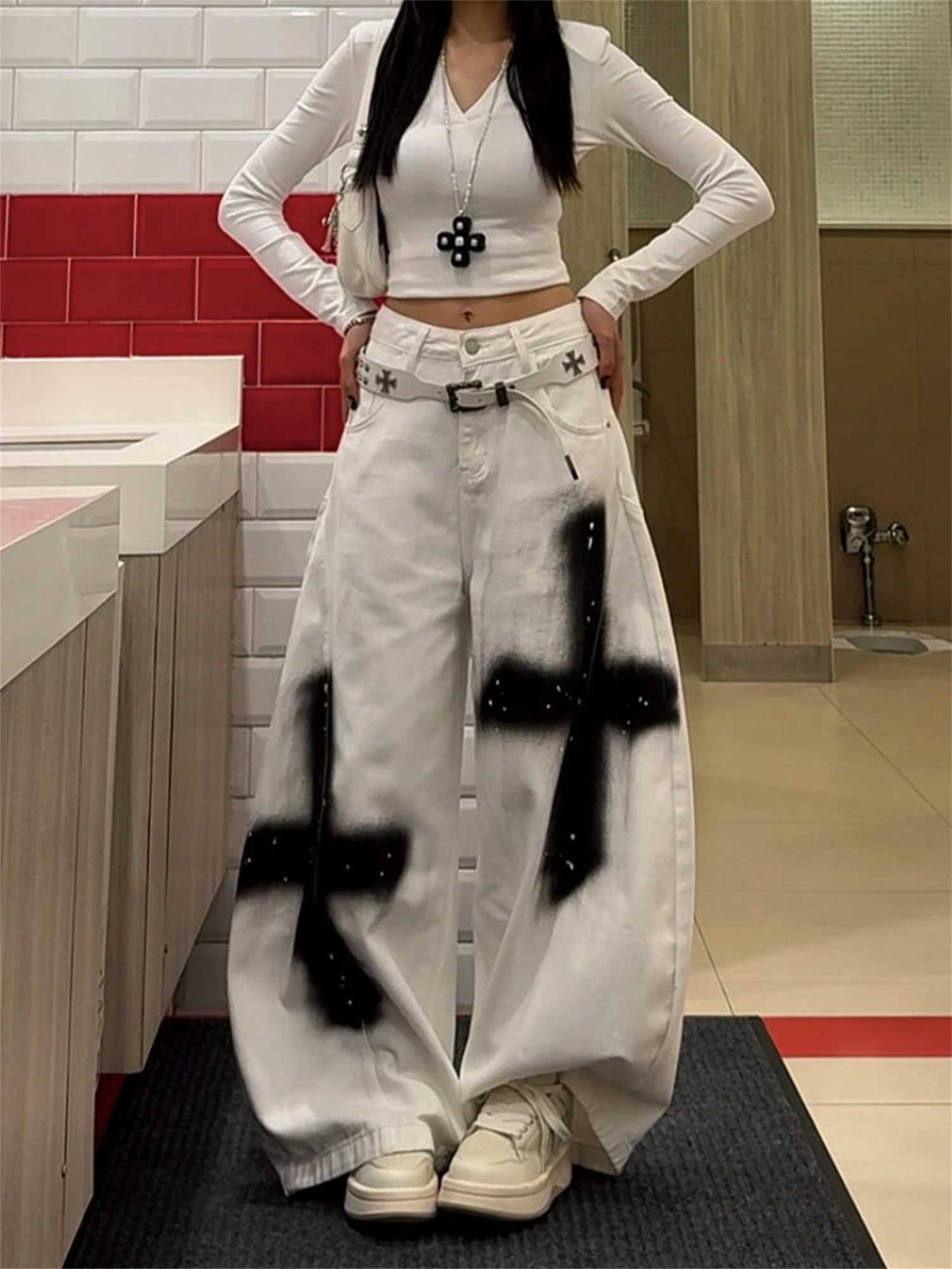Y2K Womens High Waist Super Wide Leg White Jeans Black Cross Graffiti Studded Gothic Streetwear Trendy Denim Trousers M260310