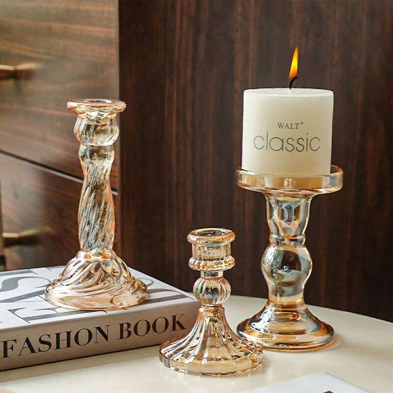 European Style Glass Holders Amber/Pink Candlestick Home Decoration Ornament Candle Tray Atmosphere Props H260310