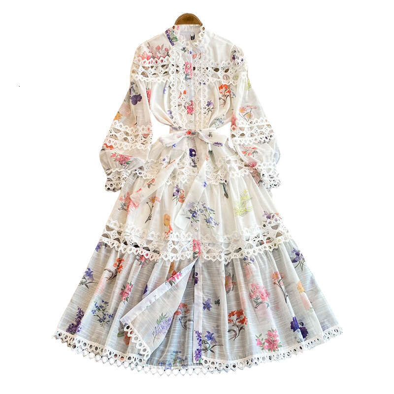 Ethnic style waist cinching slimming hollow elegant long sleeved women's autumn and winter French fashion stunning printed dress