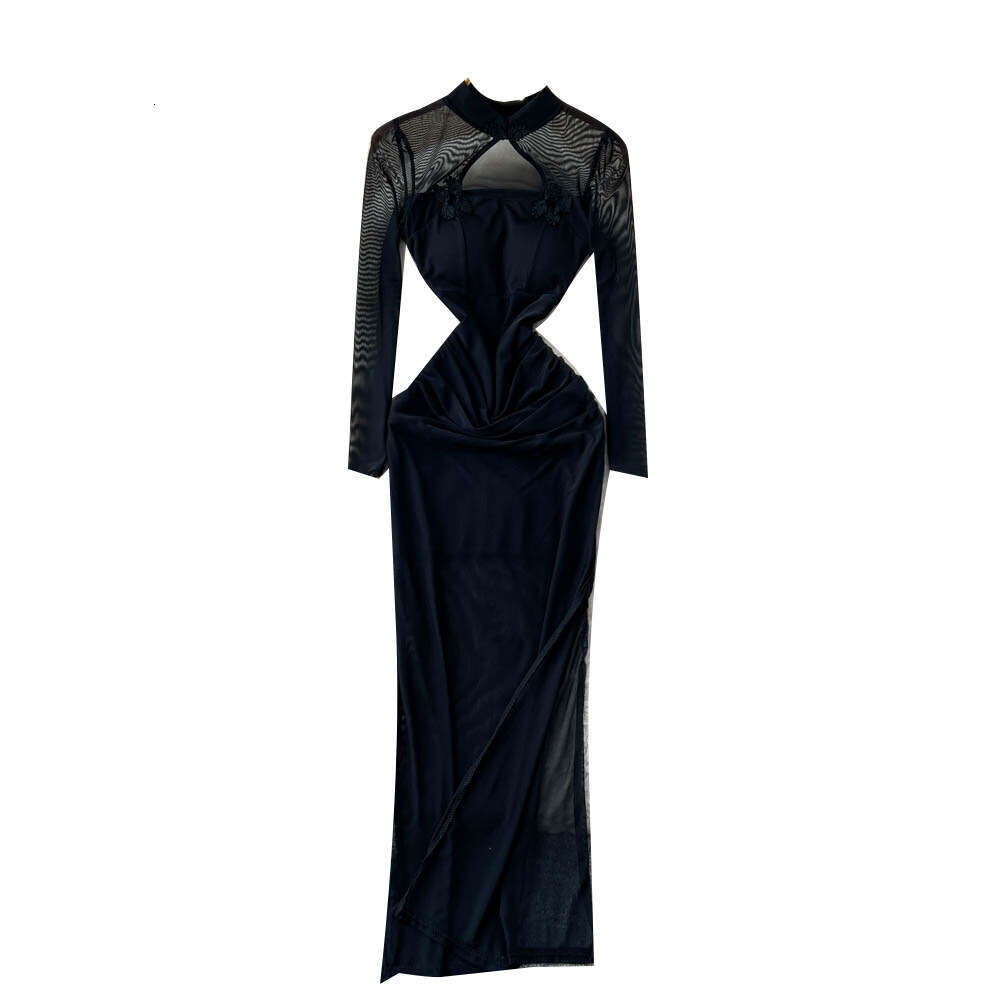 New Chinese style women's clothing 2026 autumn and winter elegant and sexy hollow out stand collar mesh long sleeved slit