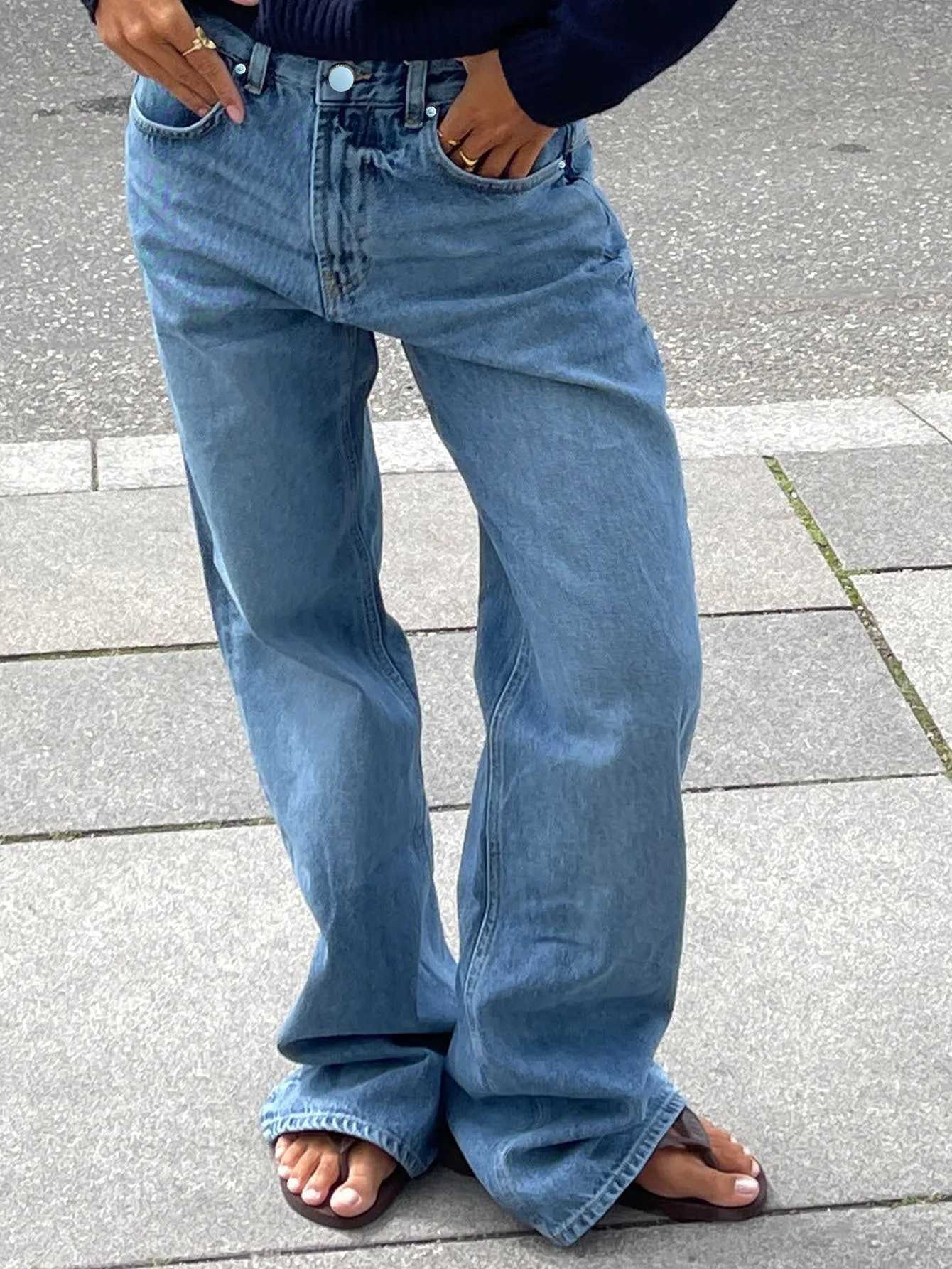 Straight Jeans Women Pentagram Pants Mid Waist Streetwear Distressed Trousers Washed Female Vintage Y2k Floor Length Denims 2026T260310