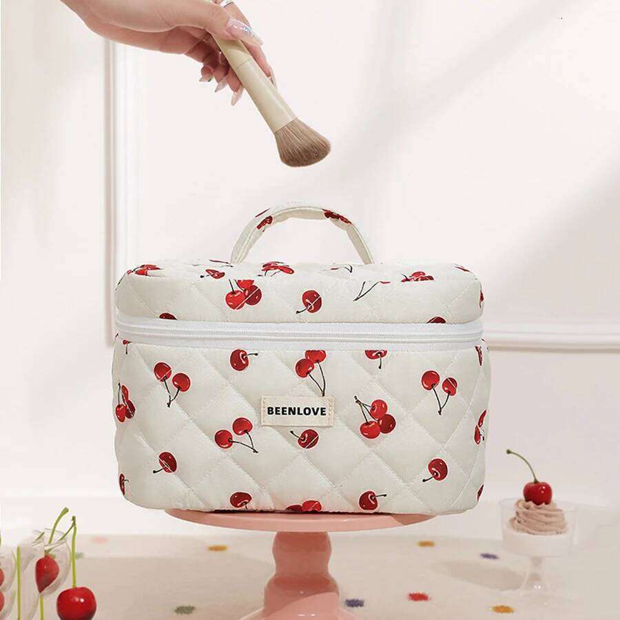 Cute Cherry Printed Cosmetic Quilted Organiser Women's Zipper Flower Cotton Travel Wash Portable Toiletry Bag XJ260310
