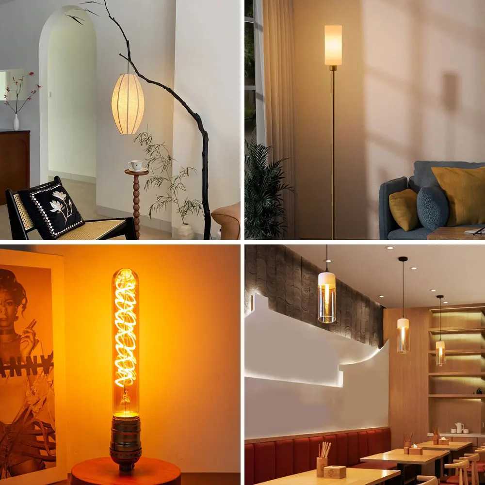 T185 Spiral Filament LED Light E26 E27 Edison Tubular Light Bulb 30 Watt Equivalent 3W 2200K Warm White Retro Amber Glass Bulbs H260310