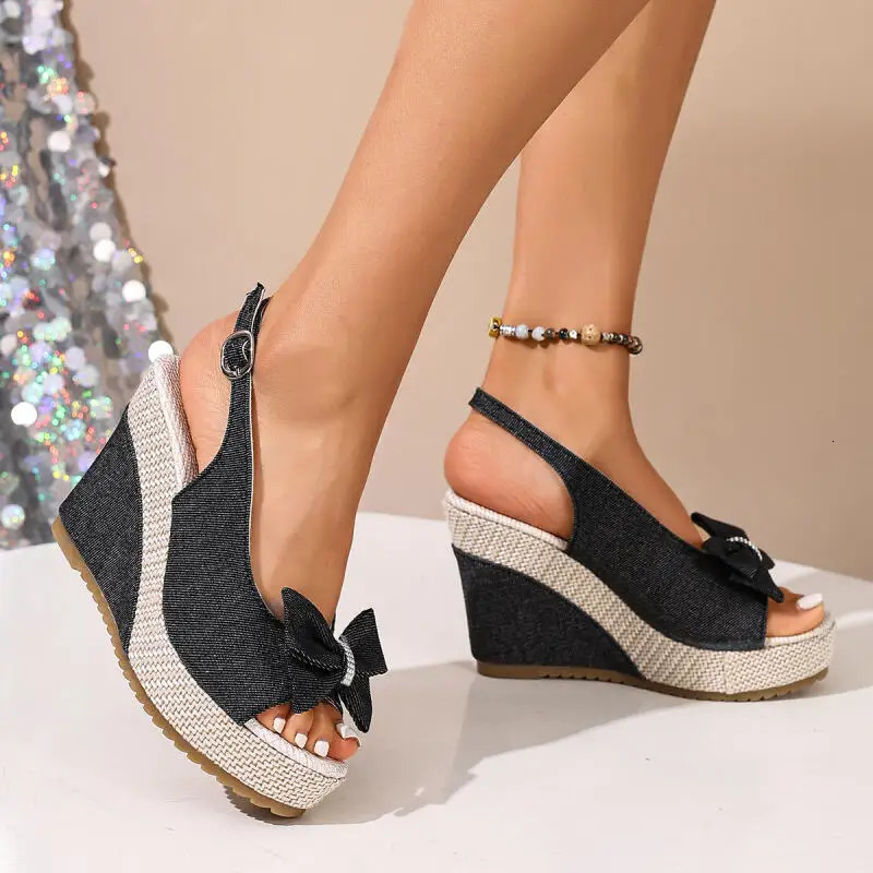 Sweet Bowknot Wedge Heel Peep Toe Sandals Women Summer Vintage Thick Bottom Denim Back Strap Sandals Womans Slingback Pumps 90S 260307