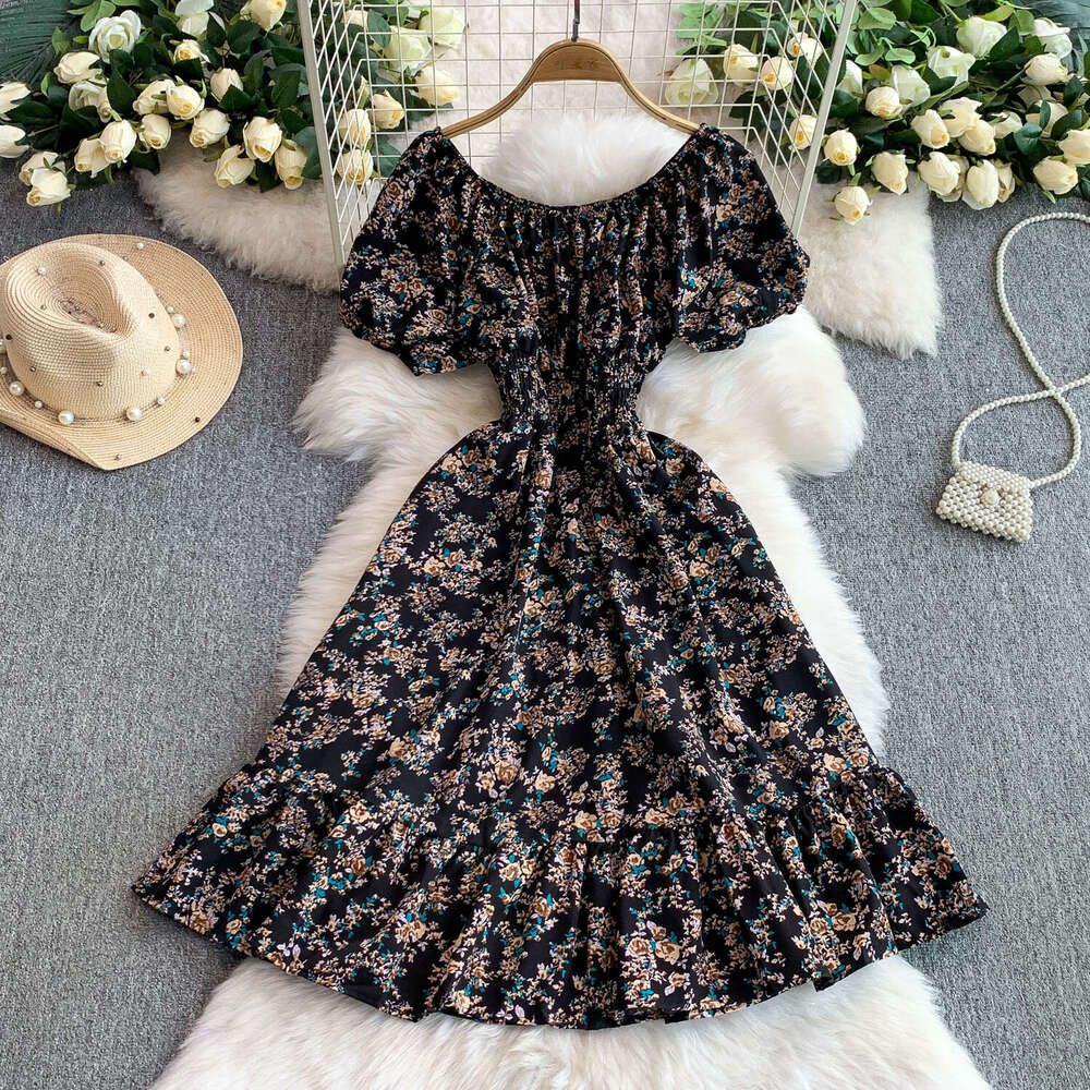 Women's designer French printed off shoulder bubble sleeve dress with summer stretch waist slimming and ruffled details