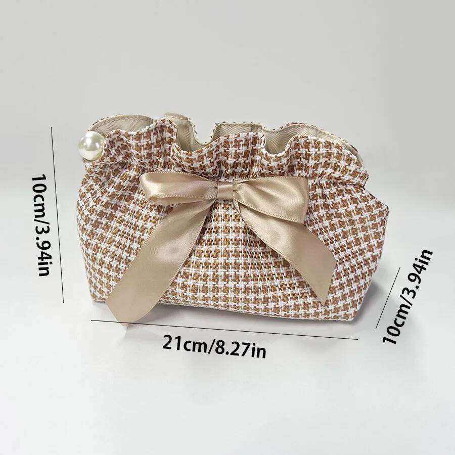 Lattice Makeup with Bowknot High-end Zipper Handbag Skin Care Product Small Women Travel Storage Bag XJ260310