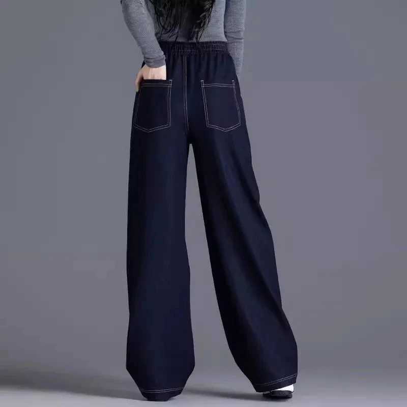 High waisted Womens Casual Jeans 2025 Spring Autumn new Loose Elastic waist Denim Wide leg pants Lady Curved knife Pants M260310