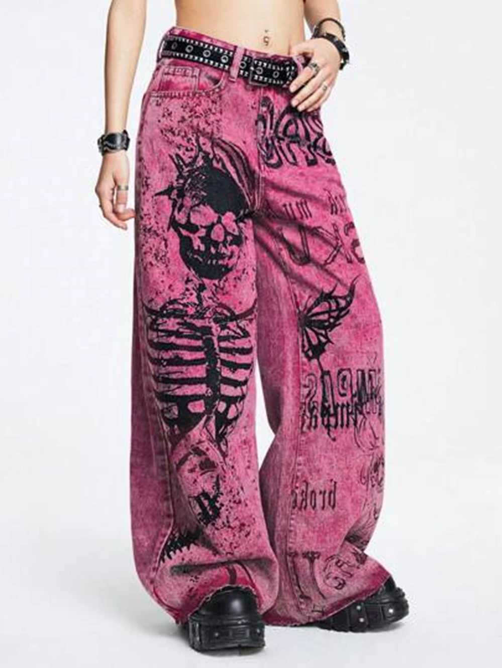 Pink Y2K Grunge Baggy Vintage Gothic Graffiti Skull Print 3D Lettering High Waist Wide Leg Pants Punk Fashion Streetwear M260310