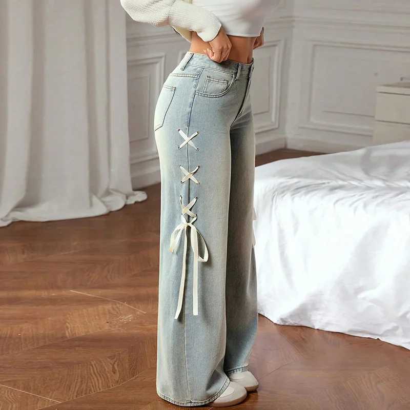 Benuynffy Plus Size Y2k Retro Side Lace-up Jeans Womens Street Fashion Mid Waisted Sweet Loose Washed Baggy Wide Leg Pants M260310