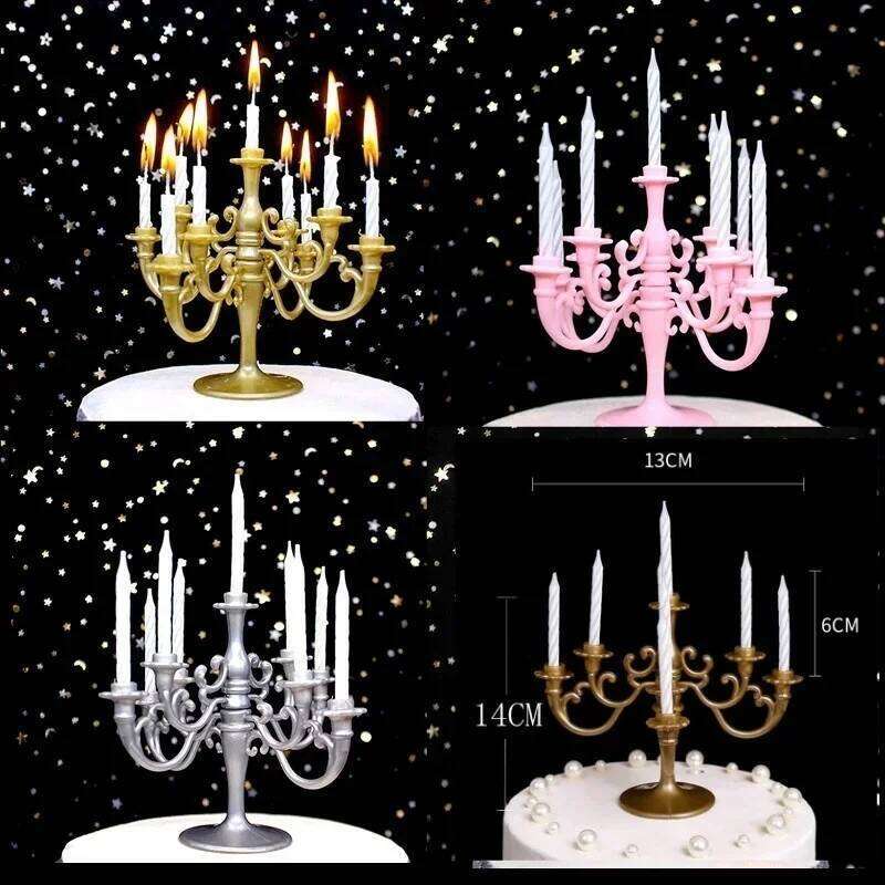 9 Pack Candles and Candlestick Holders 1 Set Toppers Birthday Party Cake Candle Holder Decorations H260310