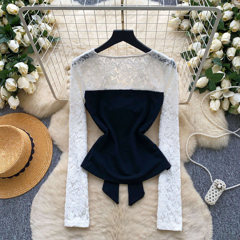 2026 designer women's French V-neck tie lace long sleeved patchwork top for autumn and winter slim fit
