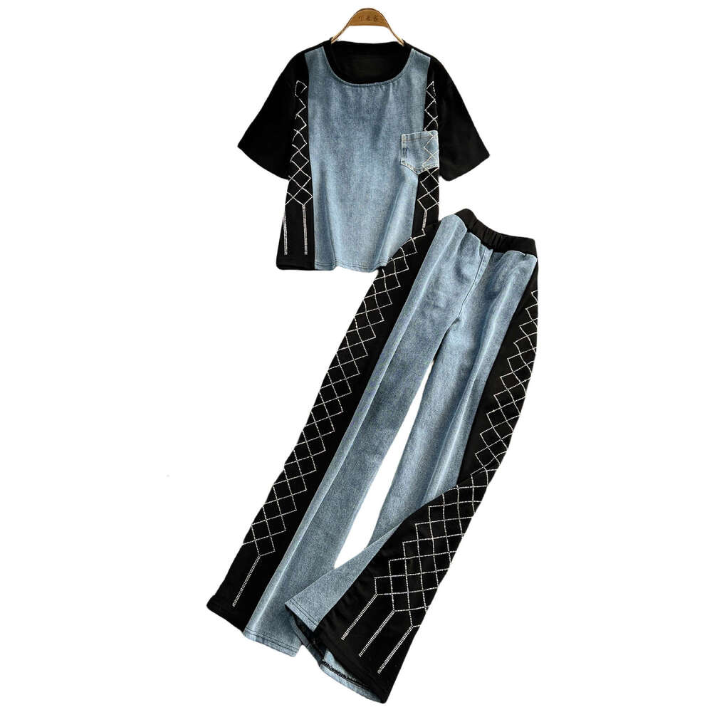 2026 summer design loose fit denim patch rhinestone round neck short sleeved top wide leg pants set