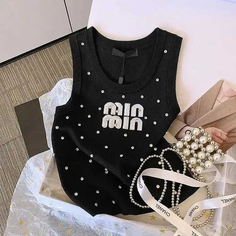 New Versatile Slim Fit Sling Top for Women Rhinestone Letter Embroidery, Premium Summer Knit VestT260310