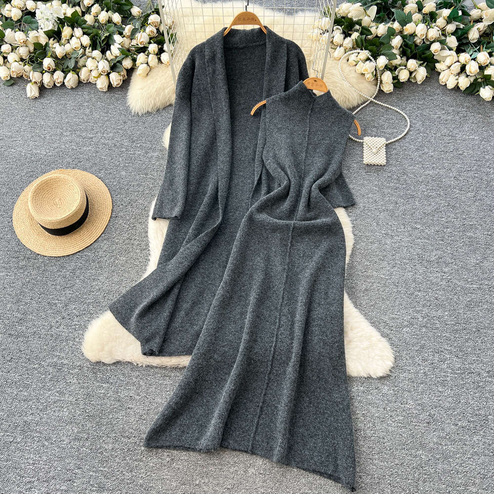 French women's autumn and winter casual fashion sleeveless waist tied knit dress paired with loose cardigan wool sweater
