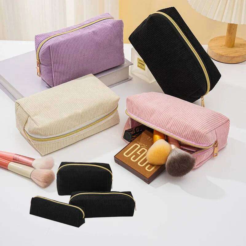 Corduroy pencil case, simple cosmetic large capacity portable toiletry bag, stationery box, business trip storage bag XJ260310