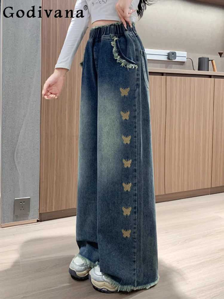 Women Plus Size L-6XL Spring New Foreign-style Embroidery Elastic Waist High Waist Floor Pants Loose Comfortable Wide-leg Jeans M260310