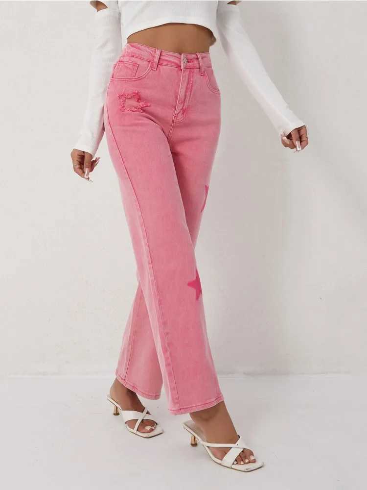 Womens Pink Jeans Star Print Flared High Waist Denim Trousers Stylish and Comfortable Outfit OptionT260310