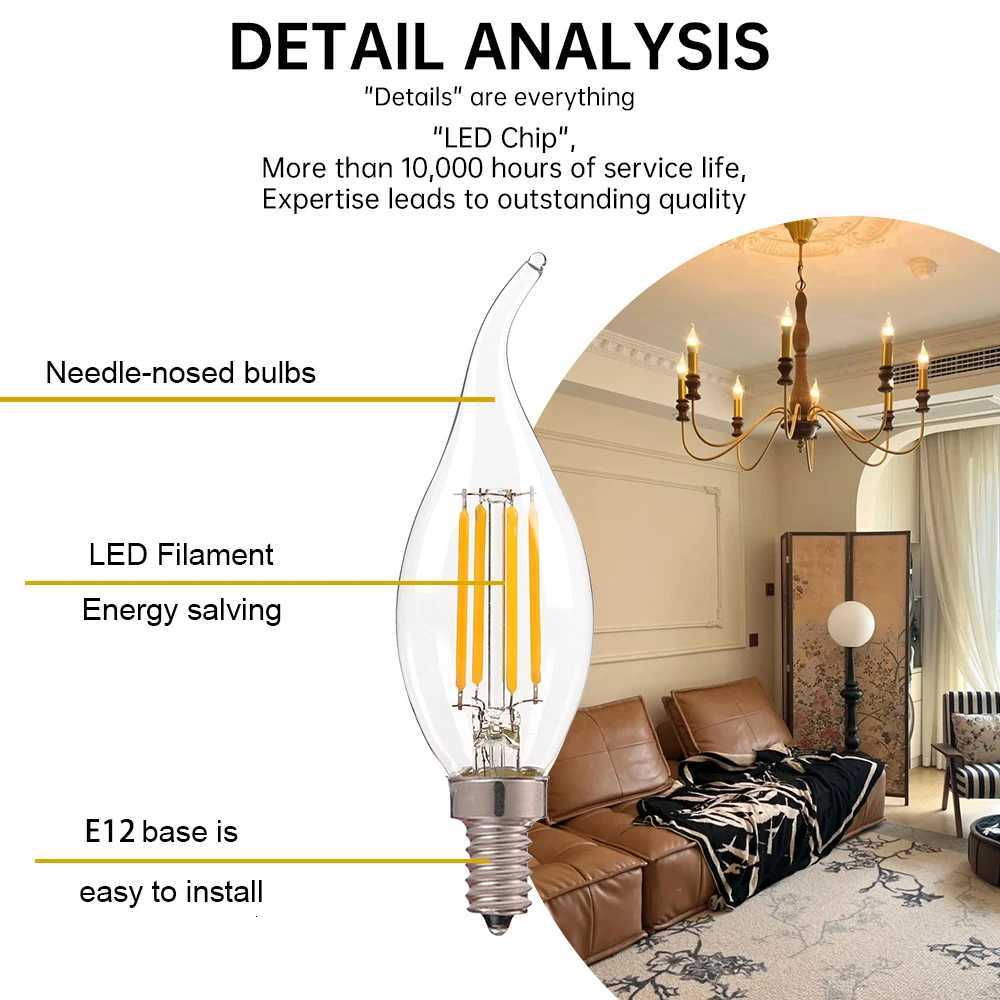 E12 E14 LED Chandelier Light Bulb 60W Equivalent Retro Candelabra Bulbs 6000K 2700K Warm White 480LM Clear Glass Lighting Lamps H260310