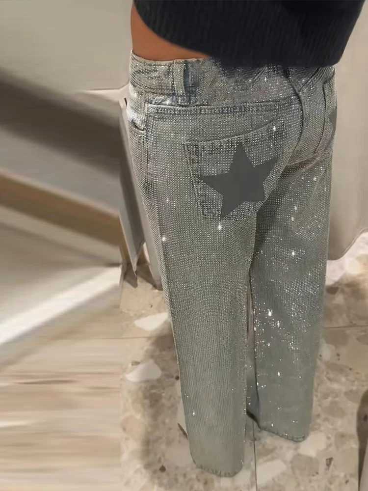 Shining Womens Rhinestone Denim Jeans Sparkly Star High Waist Wide Leg Pants Spring Female Party Clubwear Streetwear TrousersT260310