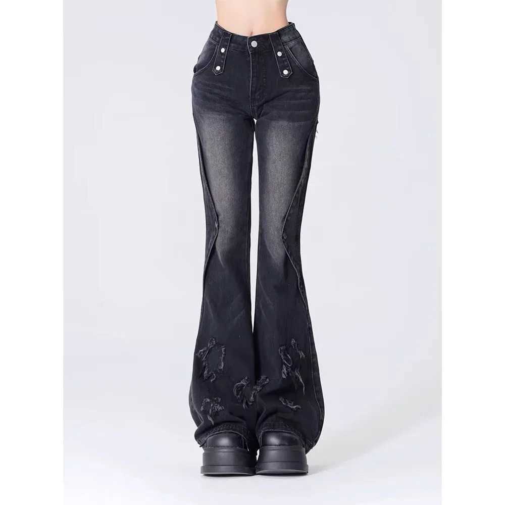 Women Blue Y2k Star Flare Jeans Vintage Cowboy Pants Harajuku Denim Trousers 90s Streetwear 2000s Trashy Clothes 2024 M260310