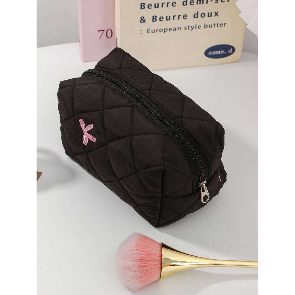 1Pc/Set Women's Bow Embroidered And Quilted Makeup Sets, Cute Macaron Color Large Capacity Cosmetic Bag,Make Up Bag XJ260310