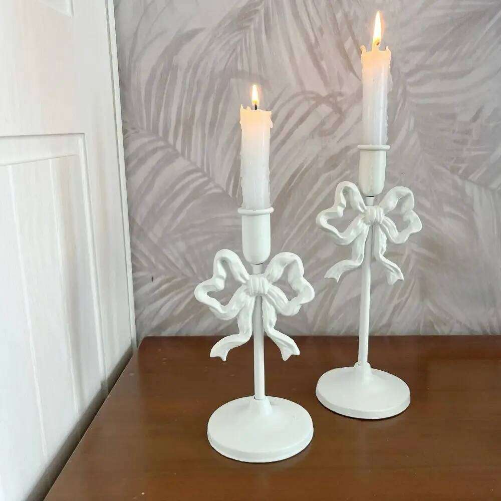 Wrought Iron French Bow Candlestick High Footed Romantic Bowknot Holder Decorative Single Head Candle Containers H260310