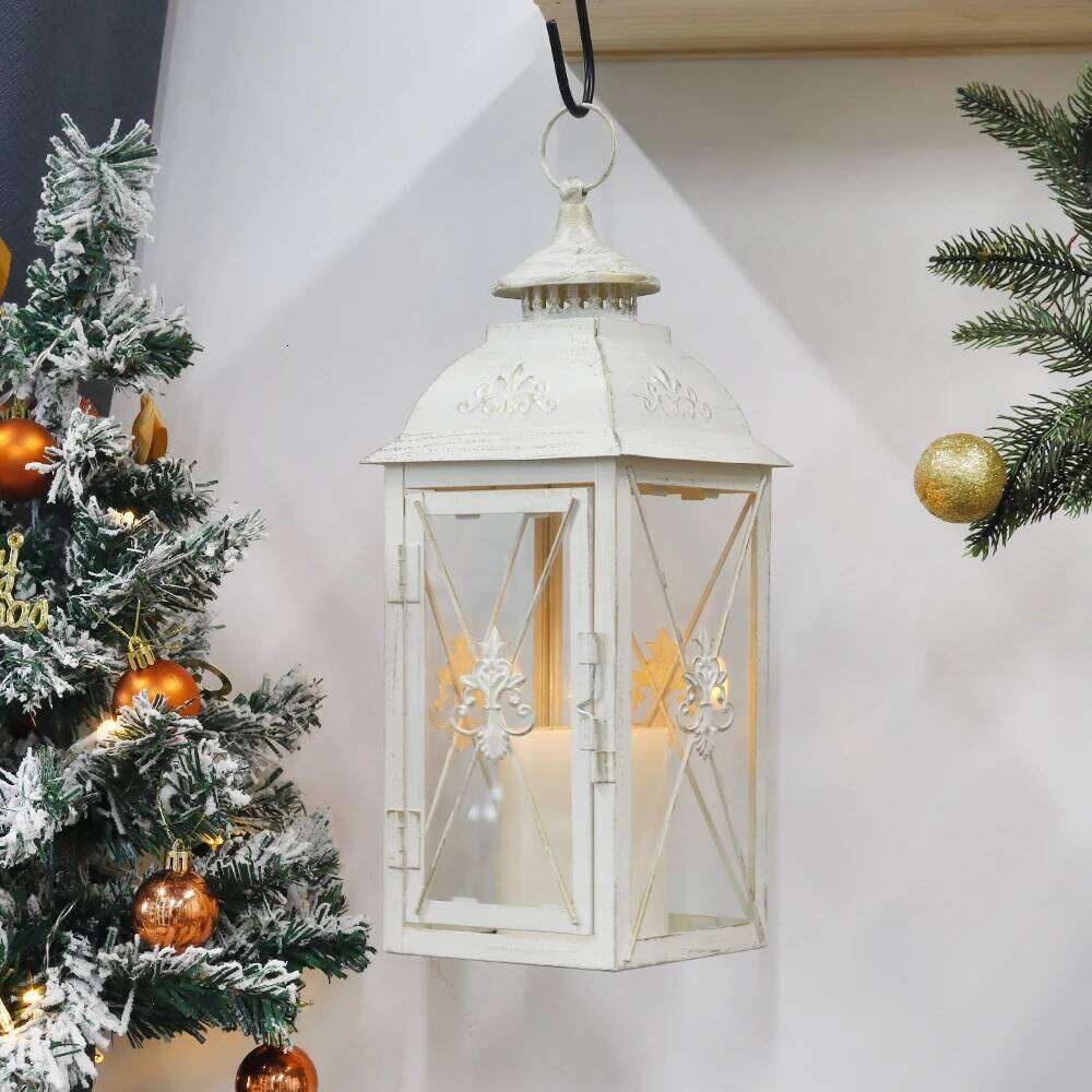 Vintage Metal Candle Holder Hanging Lantern White Lanterns with Glass for Living Room Garden Patio Parties Home Decor H260310