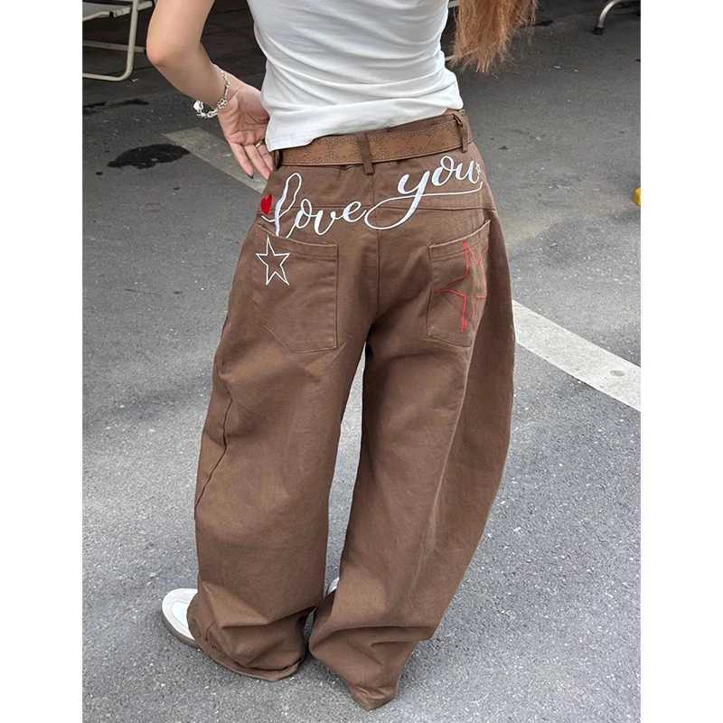 Women Streetwear Letter Embroidery Brown Y2k Baggy Jeans 2025 Harajuku Vintage Denim Trousers Japanese 2000s Boyfriend Pants M260310