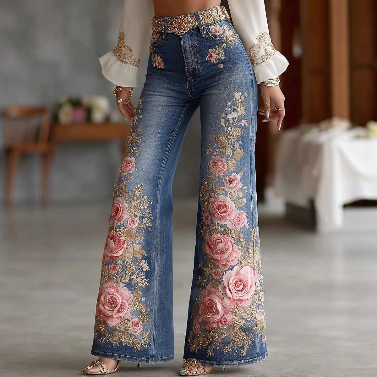 3D Printed Jeans for Womens Flare Denim Pant High Waist Elegant Vintage Casual High Street Slim Pockets Plus Size Womens Jeans M260310