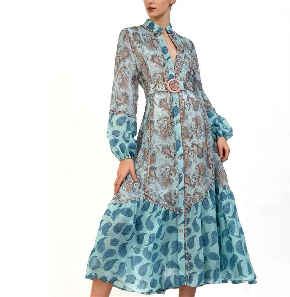 2026 spring and summer niche goddess fairy vacation style color block print lantern sleeves loose single breasted long skirt