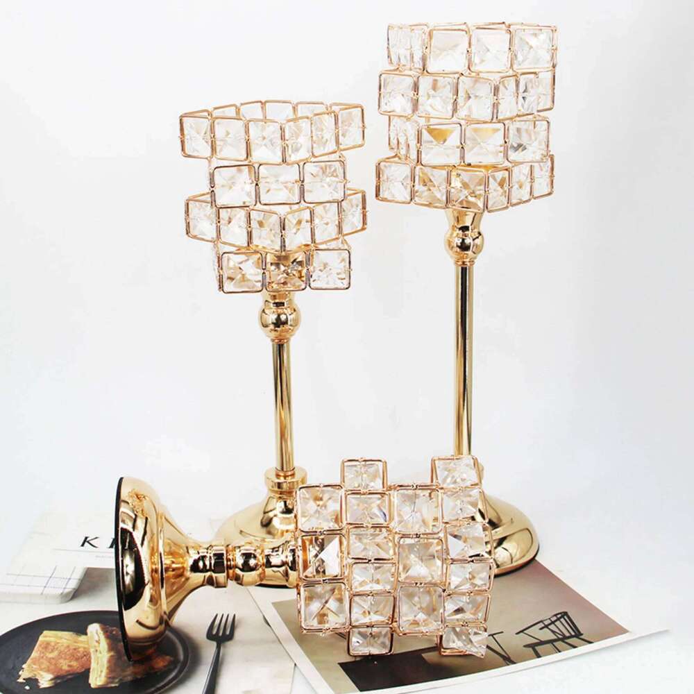1pc Golden Crystal Pillar Candle Holder Candlesticks for Dining Coffee Table Wedding Events Parties Home Decor H260310