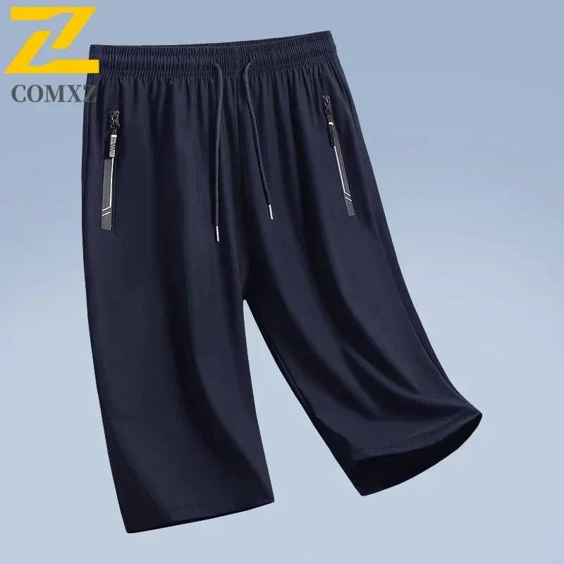 Casual Silk Ice Shorts Mens Summer Elastic Drawstring Straight Beach Pants Hiking Knee Long Quick-Dry Breathable Sports Shorts N260310