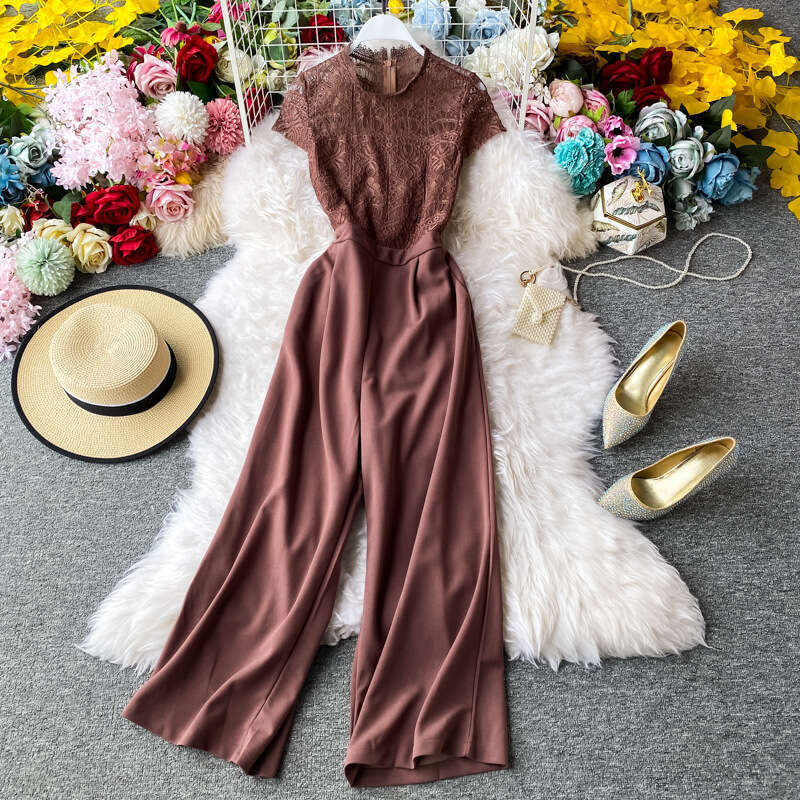 Fashionable and sexy women's 2026 summer series lace patchwork waist cinching slimming high waist straight leg long jumpsuit