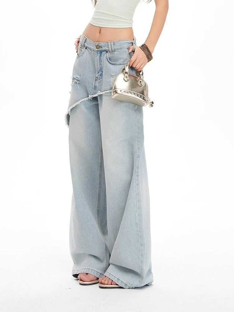 Womens Blue Baggy Y2k Jeans Vintage 90s Aesthetic Patchwork Cowboy Pants Harajuku Denim Trouser Streetwear 2000s Trashy Clothes M260310