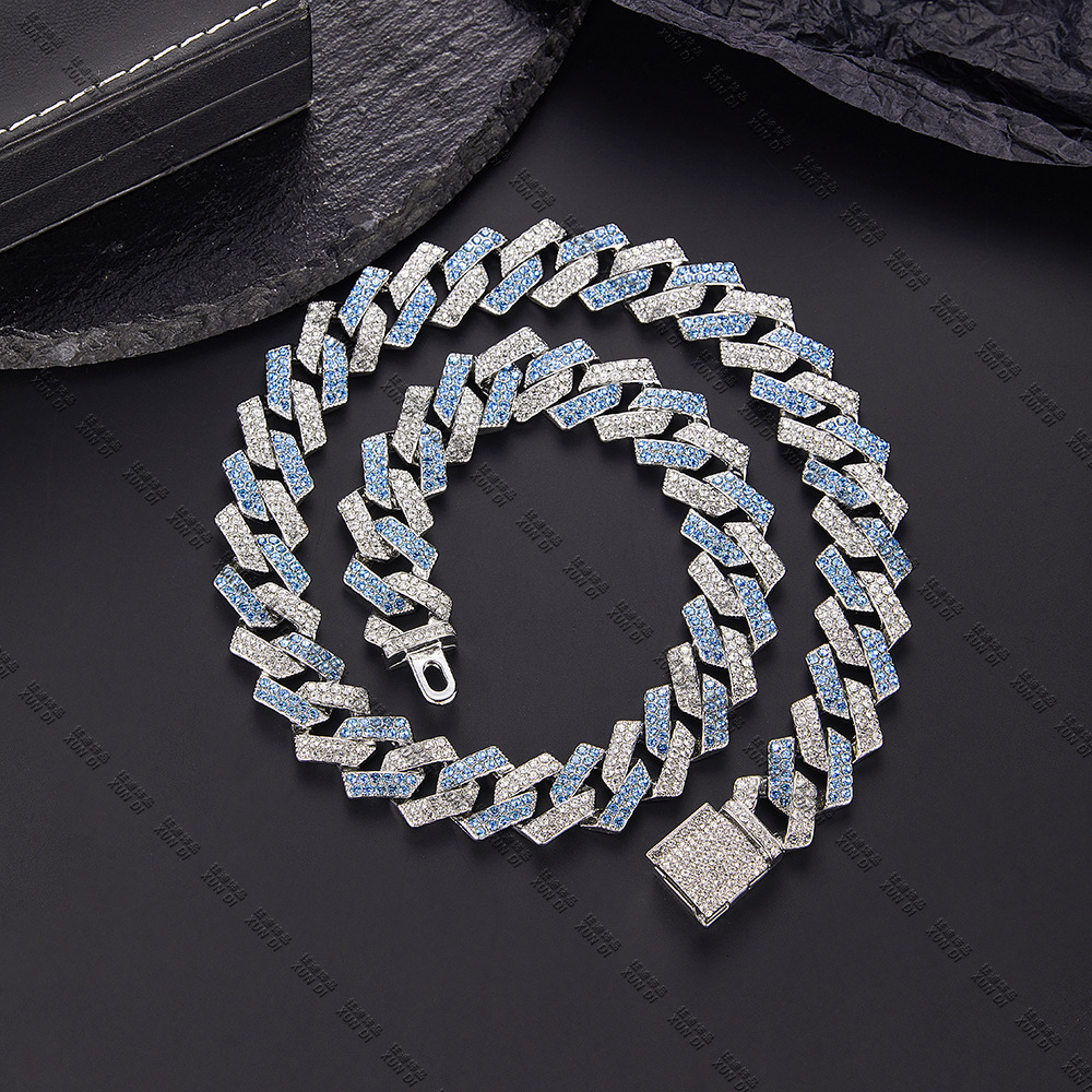 15mm Full Diamond Cuban Link Chain Necklace For Men Guys Iced Out Crystal Gemstone Miami Street Party Hip Hop Rap Jewelry Grunge Chunky Gold Curb Chai