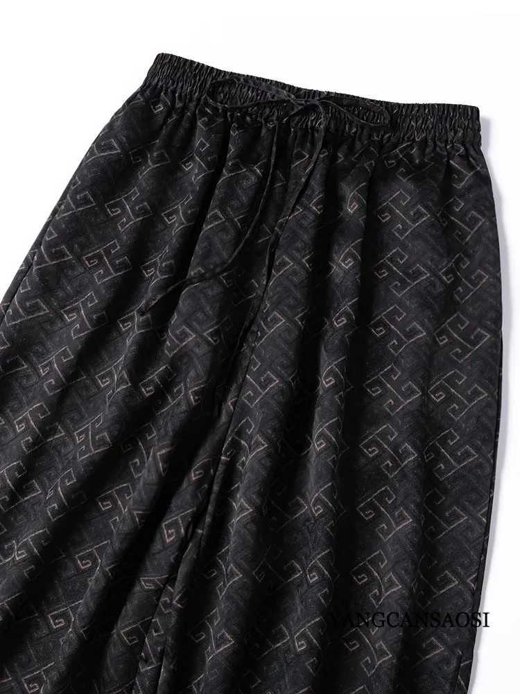 Breathable Cool 100 Natural Mulberry Silk Jacquard Gambiered Guangdong Gauze Elastic Waist Womens Loose Fashion Harun PantsT260310
