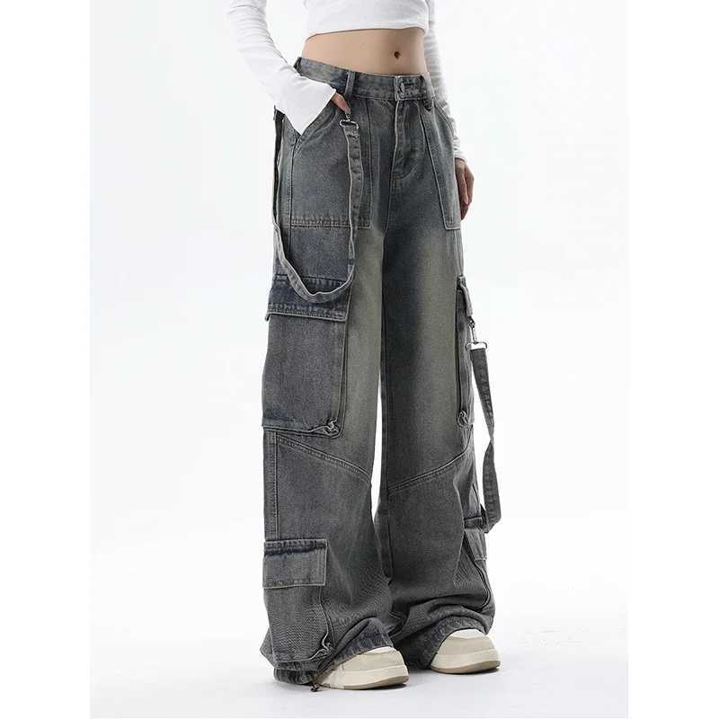 Women Blue Jeans Cargo Pants Streetwear High Waist Wide Leg Pants Fashion Y2K Style Female Winter Straight Trousers M260310
