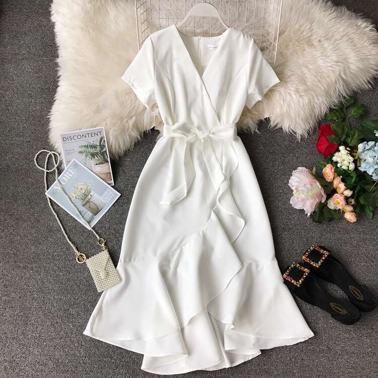 Designer elegant ruffled slit tie slim fit V-neck women's short sleeved dress medium length irregular style 2026