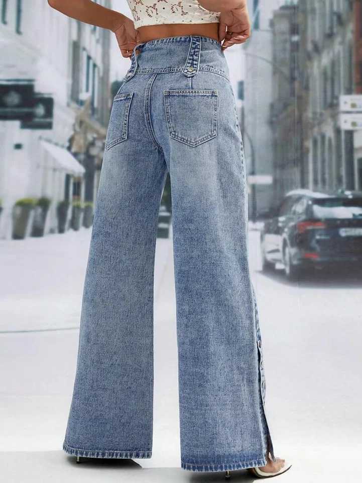 Plus Size Spliced Button Denim Straight Wide Leg Jeans Pockets High Waist Vintage Women Denim Jeans Casual Streetwear Trousers M260310