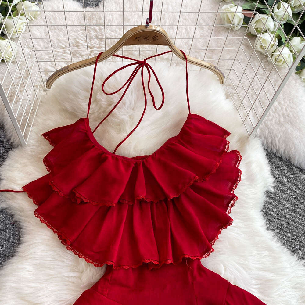2026 designer's bright red backless collar dress with ruffled edges and perfect seaside travel and vacation