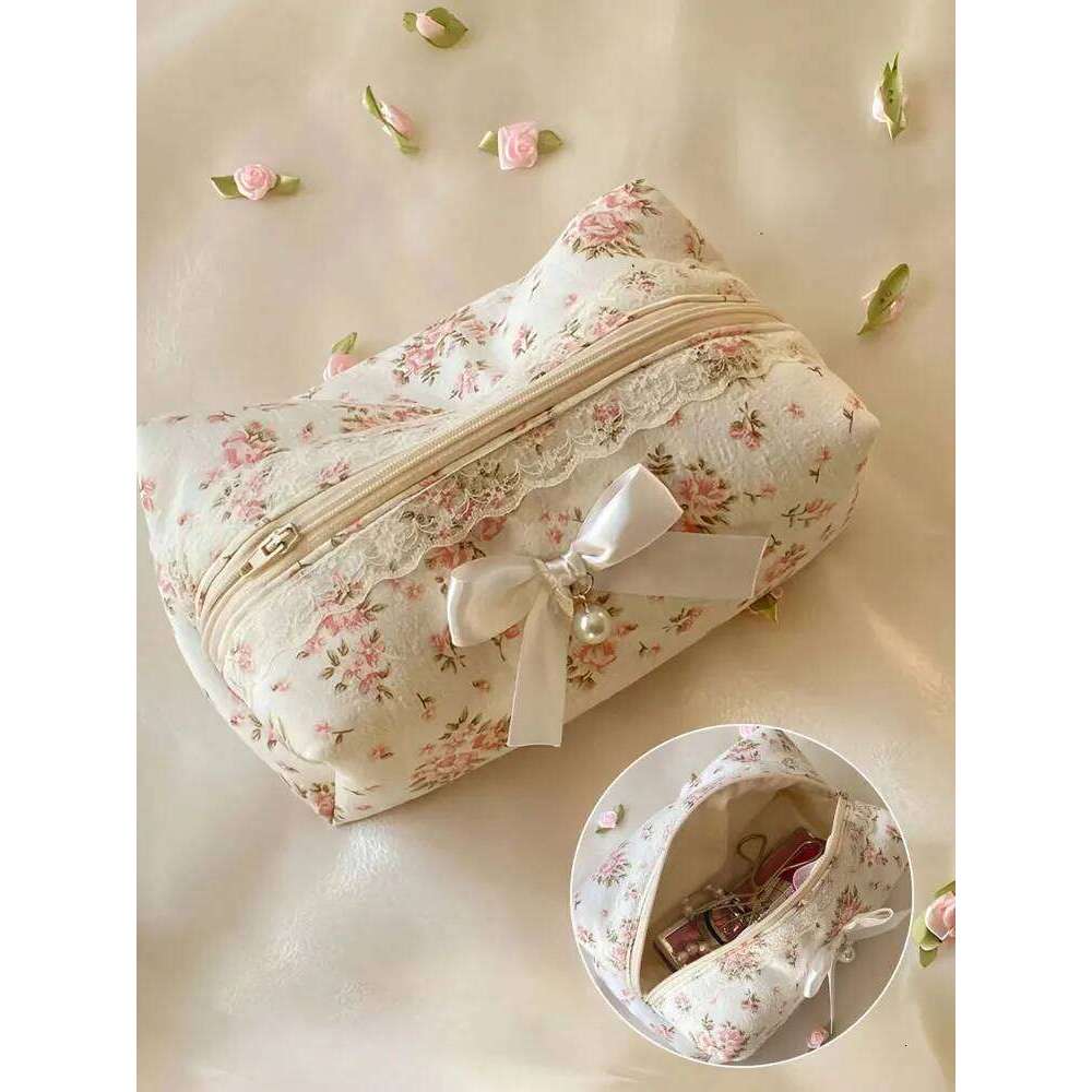 1PC Pink Ladies' makeup bow floral bag, Sweet girls' skin care products storage bag XJ260310