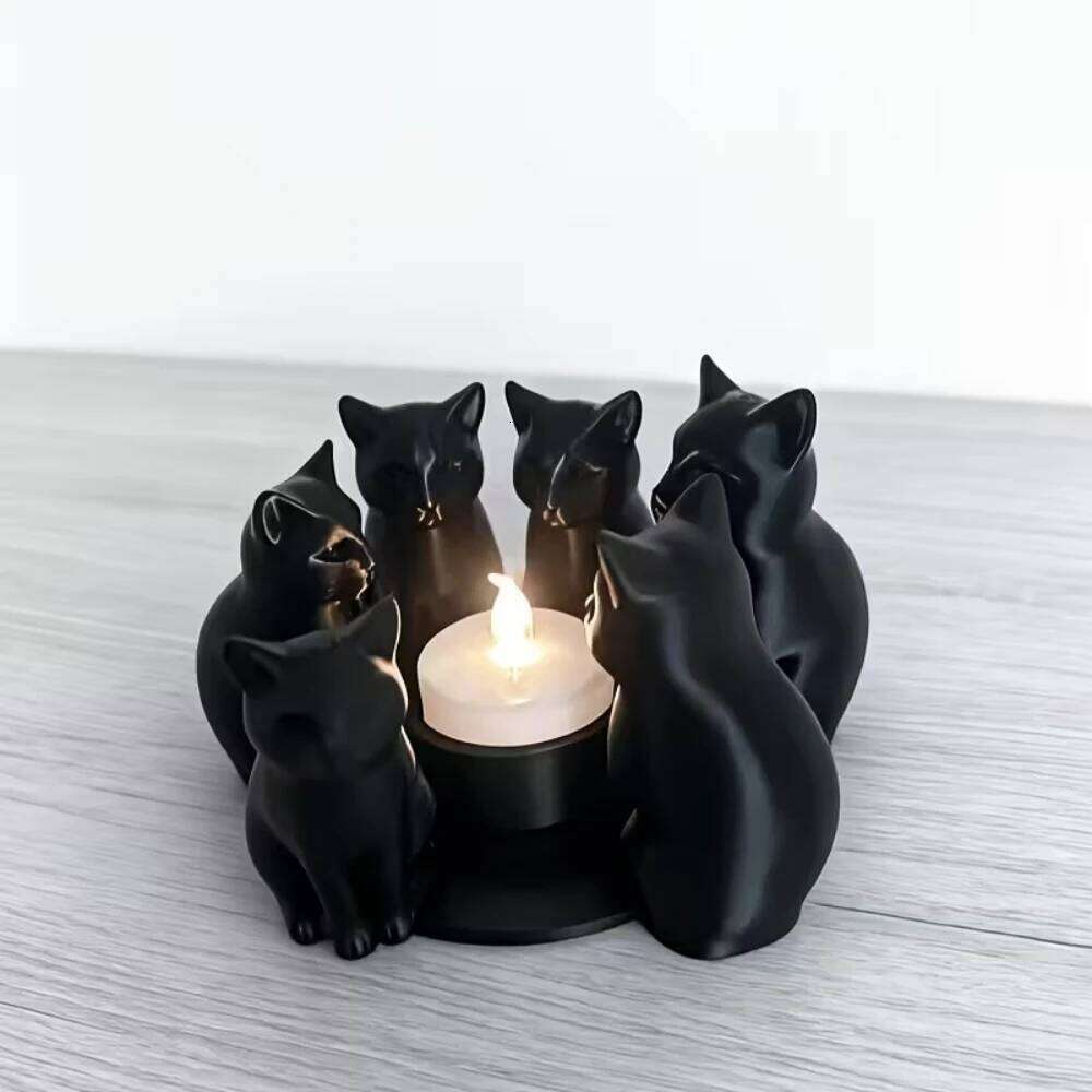 3D Printed Black Candle Holder Cat Figurine Circle Decor Creative Home Desktop Ornament Gift | Modern Minimalist Style H260310